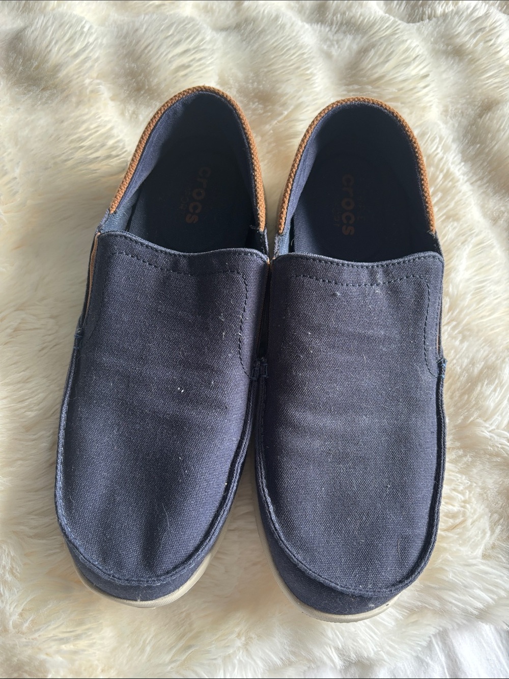 CROCS Men’s Slip-On Loafers in Navy with Brown Trim